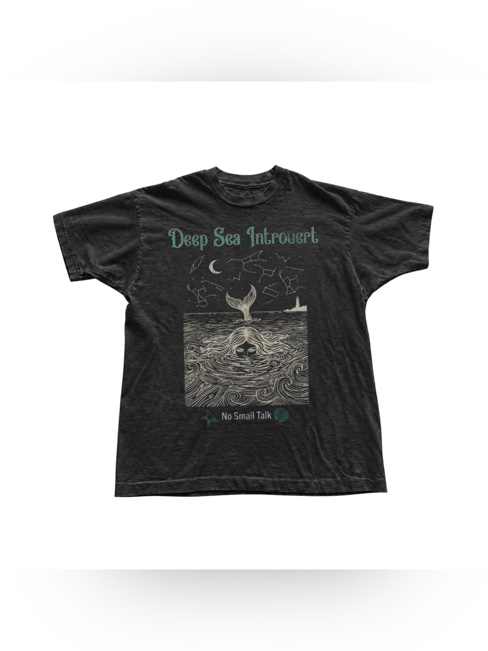 Black 'Deep Sea Introvert' Graphic Tee with Green Accents